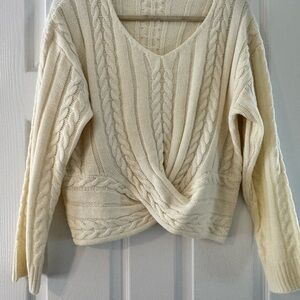 Cream V-Neck Cable Knit Sweater with Twisted Detail NWOT